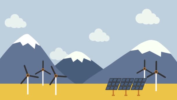 Illustration Éoliennes Panneaux Solaires Campagne — Video