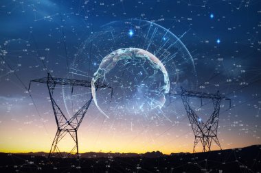 Akşam elektrik pilon siluet karşı farklı zamanlarda toprakla görüntüsünü