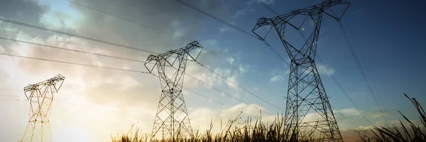 Cloudy Sky Landscape Evening Electricity Pylon Silhouette — Stock Photo, Image