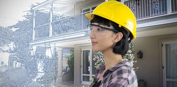 Arquitecta Vestida Con Sombrero Duro Gafas Seguridad Contra Bonita Casa —  Fotos de Stock