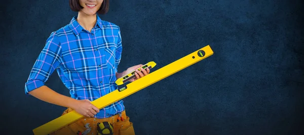 Female Architect Holding Measuring Equipment Blank Blackboard School — Stock Photo, Image