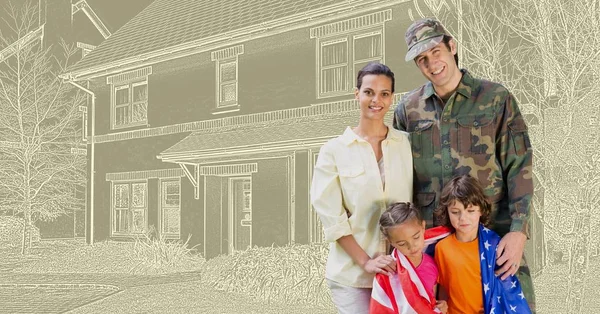 Digital composite of Military soldier family in front of house drawing sketch