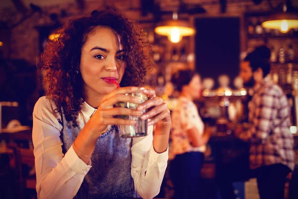 Portrait Young Woman Having Cocktail Drink Pub — Stock Photo, Image