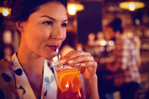 Young Woman Having Cocktail Drink Pub — Stock Photo, Image