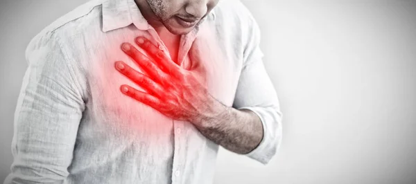 Casual Young Man Chest Pain Highlighted Pain — Stock Photo, Image