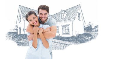 Çift ev çizim kroki önünde sarılma dijital bileşik