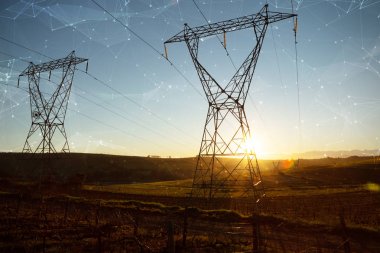 Akşam elektrik pilon siluet karşı yıldızlar arasında takımyıldızı