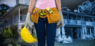 Woman with tool belt and holding hard hat against home sketch clipart