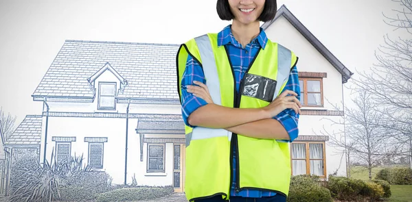 Female Architect Standing Arms Crossed Pretty House Blue White Filter — Stock Photo, Image