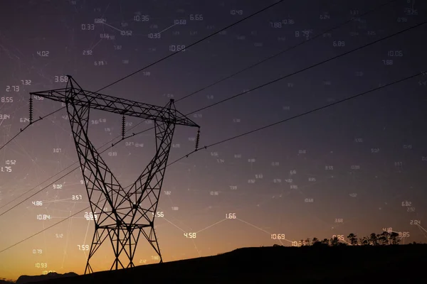 Kez Akşam Elektrik Pilon Siluet Karşı Ile Ekran — Stok fotoğraf