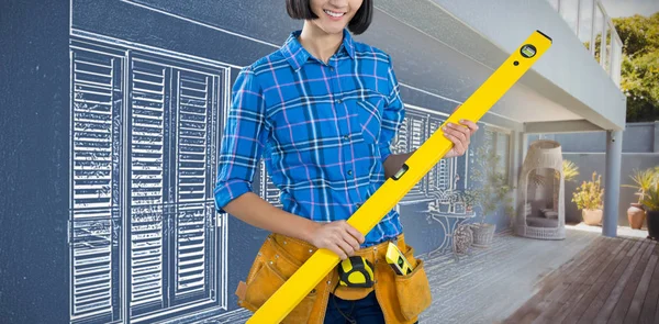 Female Architect Holding Measuring Equipment Pretty House Terrace Blue White — Stock Photo, Image