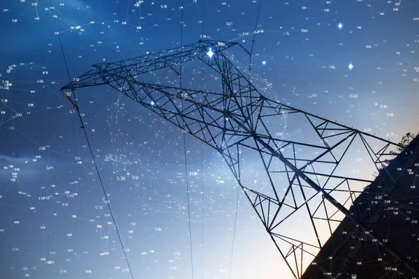 Pontos Conexão Fundo Azul Contra Silhueta Pilão Eletricidade Noite — Fotografia de Stock
