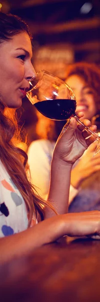 Deux Belles Jeunes Femmes Ayant Vin Rouge Pub — Photo