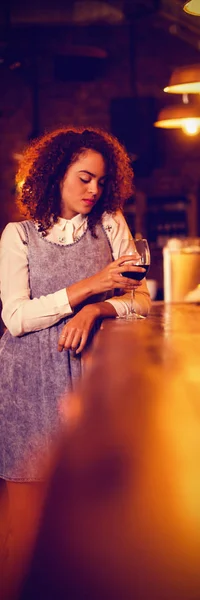 Thoughtful Woman Having Red Wine Counter Pub — Stock Photo, Image