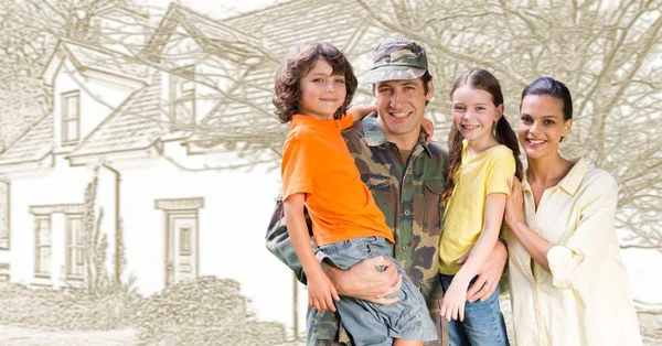 Digital Composite Military Soldier Family Front House Drawing Sketch — Stock Photo, Image