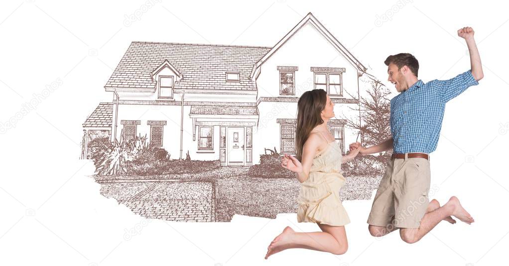 Digital composite of Couple celebrating jumping in front of house drawing sketch