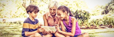 Büyükanne ve büyük çocuklar dijital tablet parkta güneşli günde kullanma.