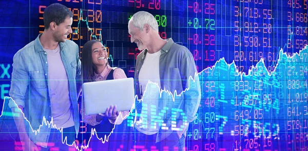 Happy Business People Discussing Laptop Stocks Shares — Stock Photo, Image