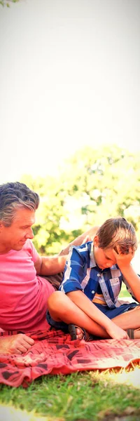 Vater Tröstet Seinen Sohn Bei Picknick Park Einem Sonnigen Tag — Stockfoto