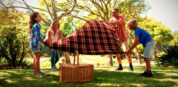 Familie Verspreiden Picknick Deken Het Park — Stockfoto