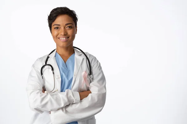 Female Doctor Wearing Breast Cancer Awareness Pink Ribbon Crossed Arms — Stock Photo, Image