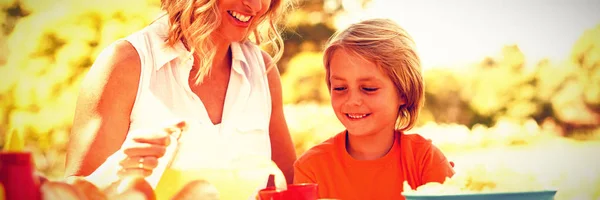 幸福的母亲和儿子在晴朗的一天在公园里吃饭 — 图库照片