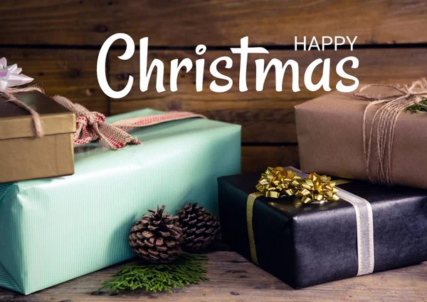 Composto Digital Texto Feliz Natal Com Presentes — Fotografia de Stock