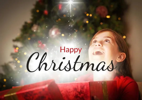 Boldog Karácsonyt Szöveg Gyermek Nyitó Ajándék Digitális Kompozit — Stock Fotó