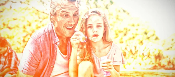 Lycklig Far Och Dotter Blåser Bubble Wand Picknick Parken — Stockfoto