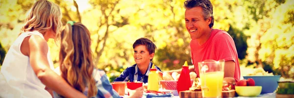 Szczęśliwa Rodzina Interakcji Innymi Jedząc Posiłek Parku Słoneczny Dzień — Zdjęcie stockowe