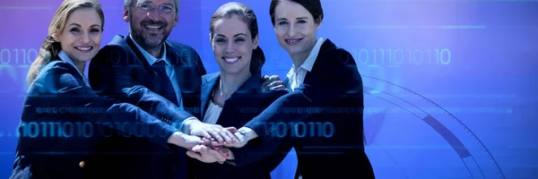Portrait Happy Business People Huddling Hands Composite Image Compass — Stock Photo, Image