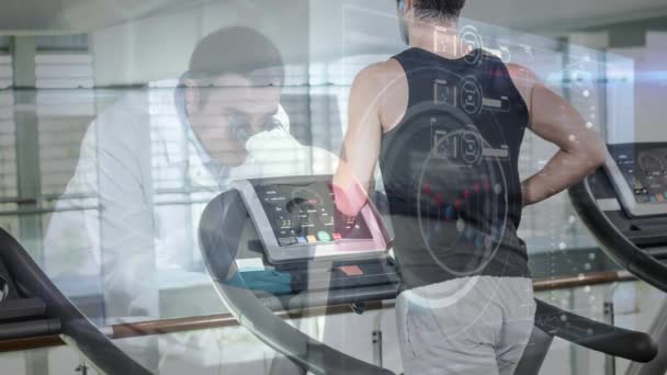 Digital Composite Video Scientist Using Microscope While Man Exercising Treadmill — Stock Video