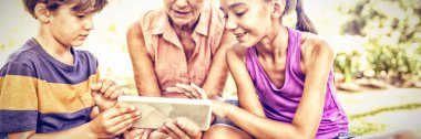 Büyükanne ve büyük çocuklar dijital tablet parkta güneşli günde kullanma.
