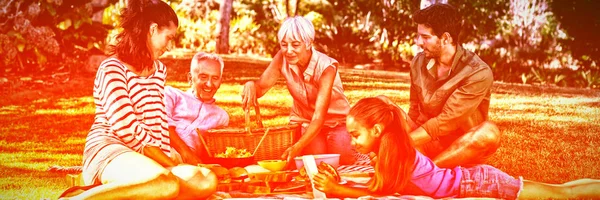 幸福的家庭 在晴朗的一天在公园里吃早饭 — 图库照片