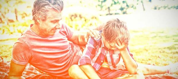 Padre Consolando Suo Figlio Picnic Nel Parco Una Giornata Sole — Foto Stock