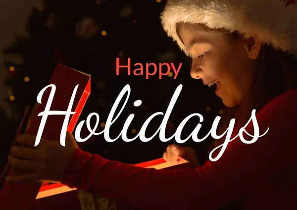 Composto Digital Happy Holidays Texto Com Menina Presente Abertura — Fotografia de Stock
