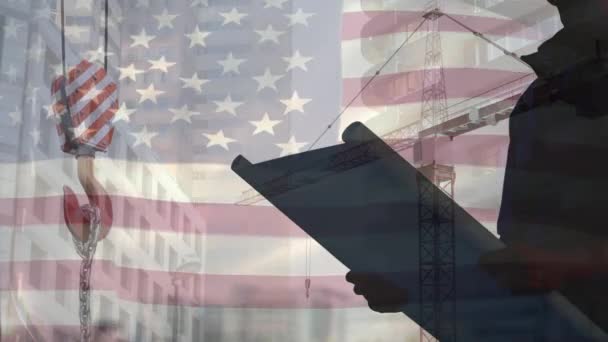 Цифровое Комическое Видео Инженера Держащего Blueprint Против Американского Флага — стоковое видео
