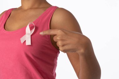 Kadın pembe kurdele için meme kanseri bilinçlendirme beyaz zemin üzerine işaret