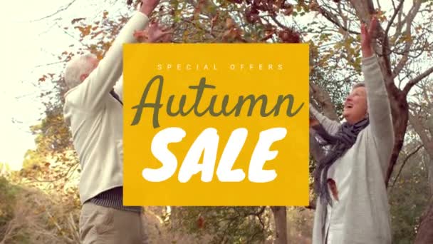 Vídeo Generado Digitalmente Venta Otoño Pareja Mayor Lanzando Las Hojas — Vídeos de Stock