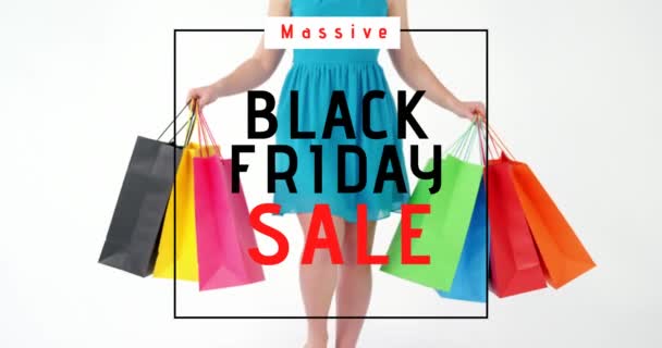 Digitally Generated Video Black Friday Sale Woman Walking Shopping Bags — Stock Video