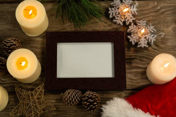 Houten Frame Voor Kopie Ruimte Met Kerst Ornament Kegel Pine — Stockfoto