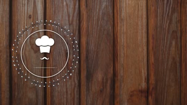 Pictogram Van Chef Kok Muts Met Snor Tegen Houten Plank — Stockvideo