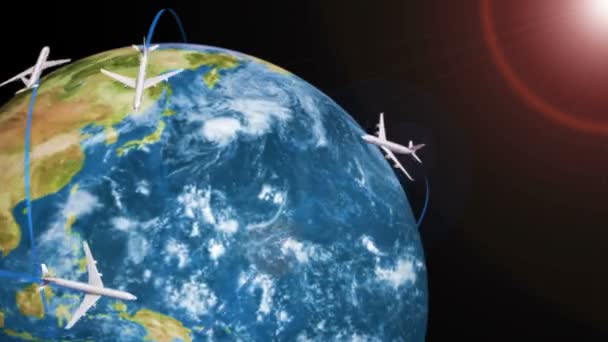 デジタル空間の背景に地球の周りを飛ぶ飛行機の生成 — ストック動画