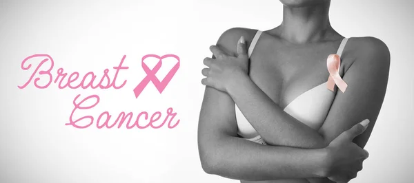 Brustkrebs Text Mit Schleife Gegen Frau Für Brustkrebsbewusstsein — Stockfoto
