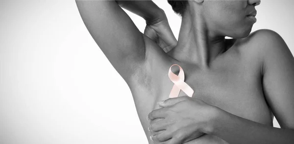 Shirtless Woman Breast Cancer Awareness Ribbon White Background — Stock Photo, Image