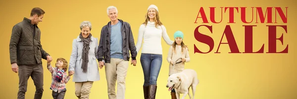 Ευτυχισμένη Οικογένεια Περπάτημα Σκύλο Τους Κίτρινο Φόντο Φθινόπωρο Πώληση — Φωτογραφία Αρχείου