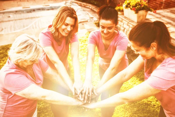 Women Wearing Pink Shirt Putting Hands Together — Stock Photo, Image