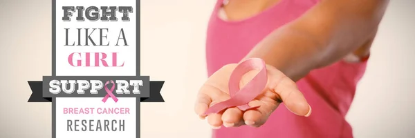 Breast Cancer Awareness Meddelande Mot Kvinna Sträcker Sig Arm Visar — Stockfoto
