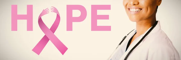 Breast Cancer Awareness Budskap Hopp Mot Leende Kvinnliga Läkare — Stockfoto
