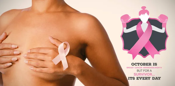 Сообщение Раке Молочной Железы Против Женщины Розовом Лифчике Лентой — стоковое фото